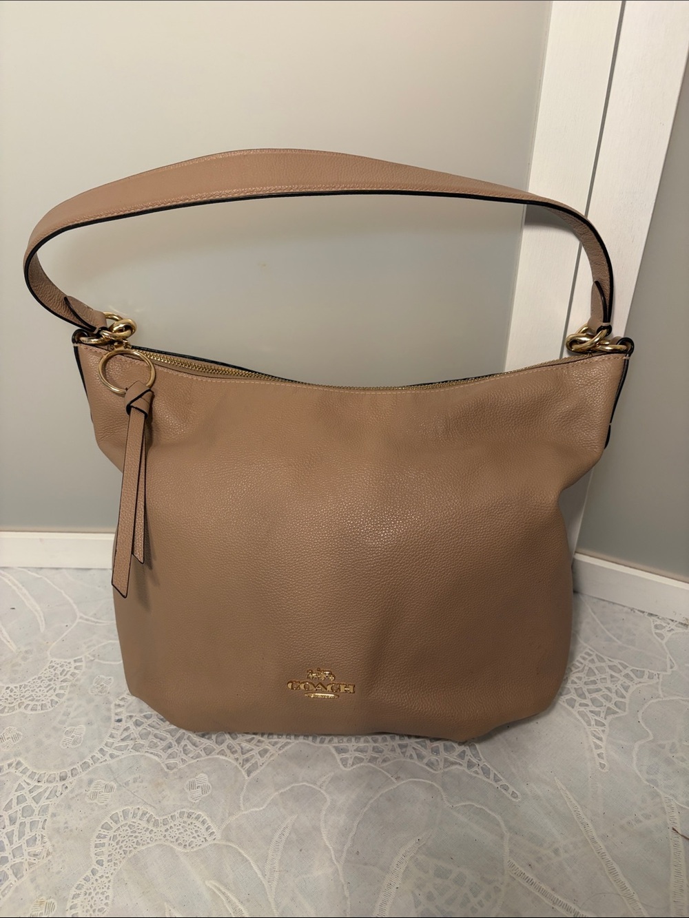 Coach Pebbled Leather Hobo Bag in Beige Taupe with Gold Hardware